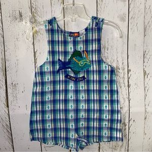 My Pal for Boys 1 piece Shortall Jon Jon Embroidered Scuba Fish Plaid Romper 2T